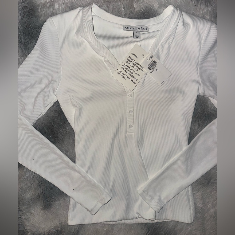 And Now This White V-Neck Ribbed Double Layer Long Sleeve Top - NWT Small